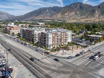 Aerial view of street and buildings